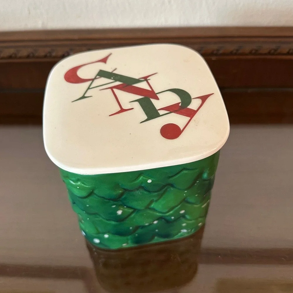 Vintage Holt Howard Christmas Candy Dish Evergreen Ceramic Jar Santa Pop Up